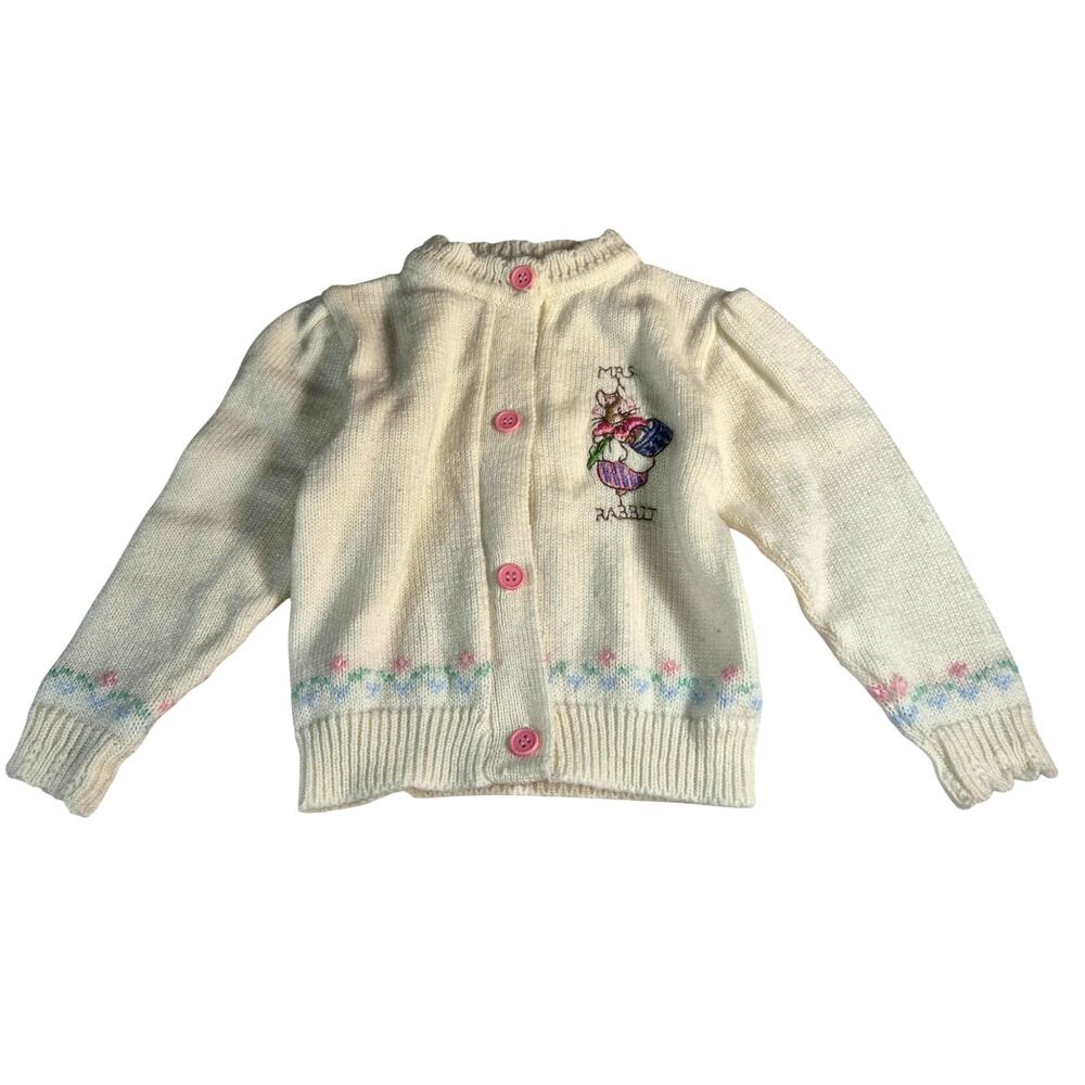 Vintage Quiltex Cream Colored Knit Cardigan Sweater Embroidered Mrs. Rabbit 24mo